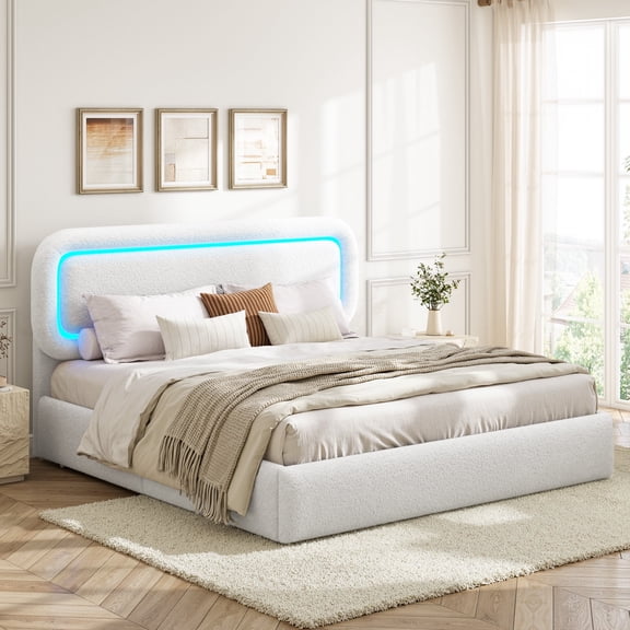 EnHomee Boucle Bed Frame with Rounded Corner Cloud Bed Frame with Headboard Upholstered Bed Frame Queen Size ,White