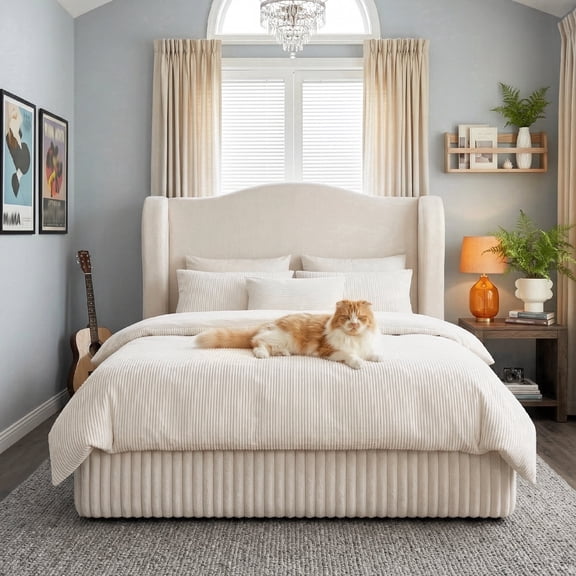 EnHomee Boucle Bed frame Full with Tall Headboard & Footboard Upholstered Cloud Bed Frame with Wingback Headboard, Beige