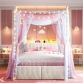 thumbnail image 1 of EnHomee Canopy Bed Frame Full with Headboard Upholstered Bed Frame with 2 Storage Drawers & LED Lights & Charging Station & 4 Removable Posts,Beige, 1 of 9