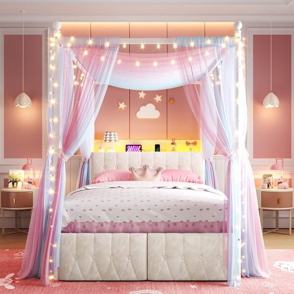 EnHomee Canopy Bed Frame Full with Headboard Upholstered Bed Frame with 2 Storage Drawers & LED Lights & Charging Station & 4 Removable Posts,Beige