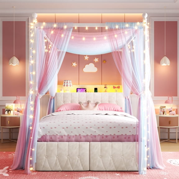 EnHomee Canopy Bed Frame Full with Headboard Upholstered Bed Frame with 2 Storage Drawers & LED Lights & Charging Station & 4 Removable Posts,Beige