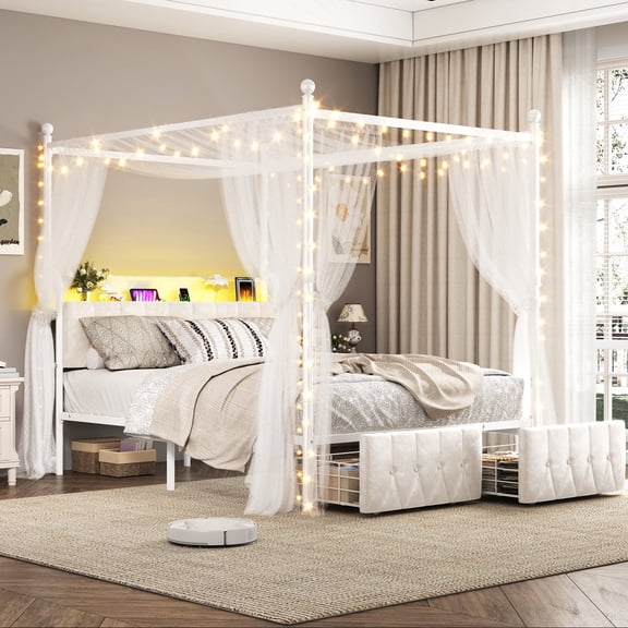 EnHomee Canopy Bed Frame Queen with Headboard Upholstered Bed Frame with 2 Storage Drawers & LED Lights & Charging Station & 4 Removable Posts,Beige