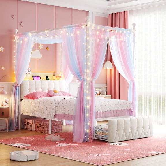 EnHomee Canopy Bed Frame Twin with Headboard Upholstered Bed Frame with 2 Storage Drawers & LED Lights & Charging Station & 4 Removable Posts,Beige