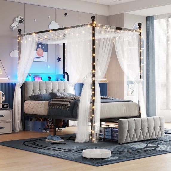 EnHomee Canopy Bed Frame Twin with Headboard Upholstered Bed Frame with 2 Storage Drawers & LED Lights & Charging Station & 4 Removable Posts,Grey