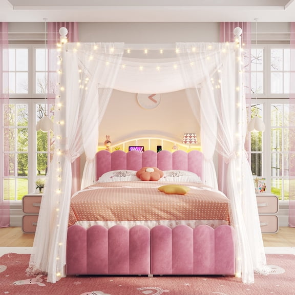 EnHomee Canopy Bed Frame with Storage Headboard Upholstered Canopy Bed Frame Full with 2 Drawers & Charge Station & LED Light,Pink