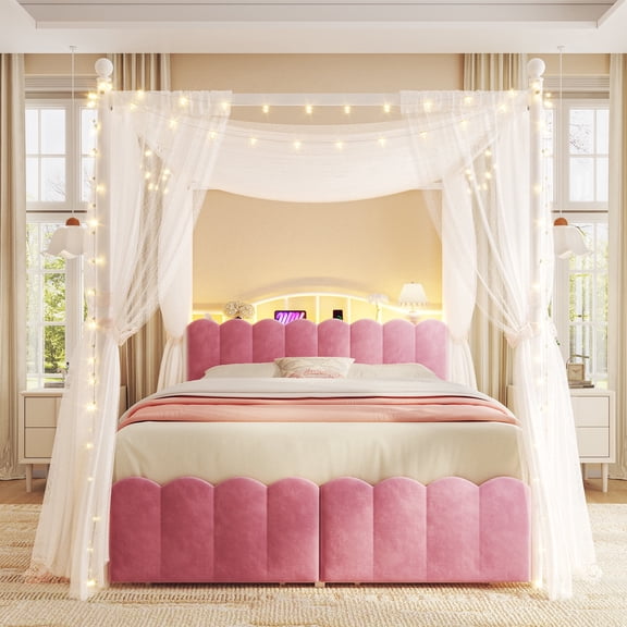 EnHomee Canopy Bed Frame with Storage Headboard Upholstered Canopy Bed Frame Queen with 2 Drawers & Charge Station & LED Light,Pink