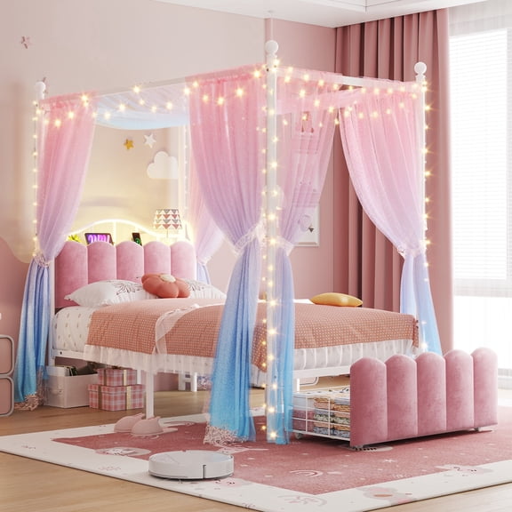 EnHomee Canopy Bed Frame with Storage Headboard Upholstered Canopy Bed Frame Twin with 2 Drawers & Charge Station & LED Light,Pink