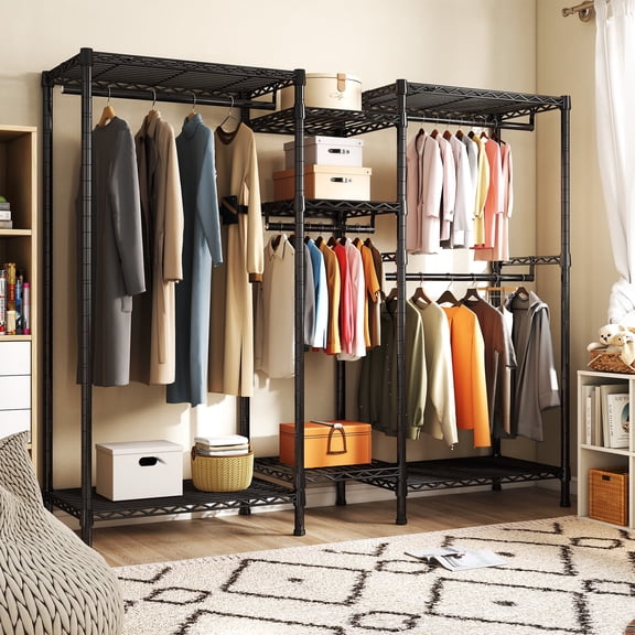 EnHomee Clothes Rack,4 Hanging Rods & 7 Wire Shelves,Heavy Duty Adjustable Metal Garment Rack 77"H,750 LBS Closet Organizer，Black