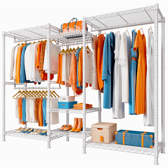 EnHomee Clothes Rack,4 Hanging Rods & 7 Wire Shelves,Heavy Duty Adjustable Metal Garment Rack 77"H,750 LBS Closet Organizer,White