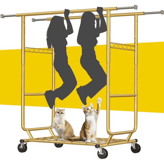 EnHomee Heavy Duty 75”W Gold Rolling Clothes Rack,Adjustable Double Rod Garment Rack with 630 lbs Capacity for Bedroom,Closet,and Laundry
