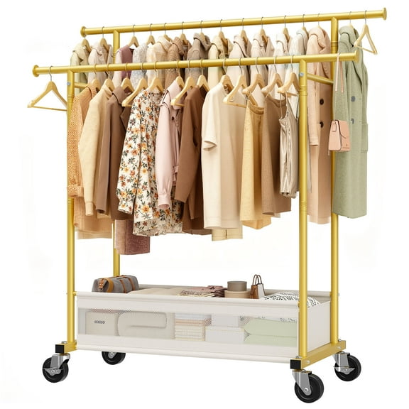 EnHomee Clothes Rack with Wheels,Double Rod Garment Rack with Storage Basket,Heavy Duty Metal Clothing Organizer for Bedroom,Laundry,Entryway,43.3"W x 17.7"D x 63"H, Gold