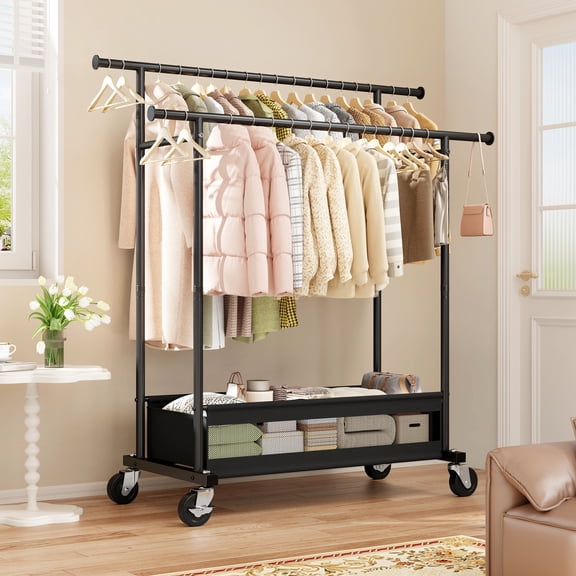 EnHomee Clothes Rack with Wheels,Double Rod Garment Rack with Storage Basket,Heavy Duty Metal Clothing Organizer for Bedroom,Laundry,Entryway,43.3"W x 17.7"D x 63"H, Black