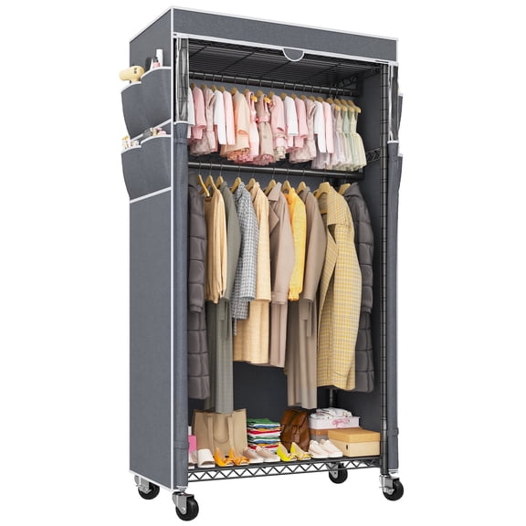 EnHomee Clothes Rack with Cover,Adjustable Shelves & Rods,79"H Rolling Closet Portable Wardrobe with Side Pockets,Black