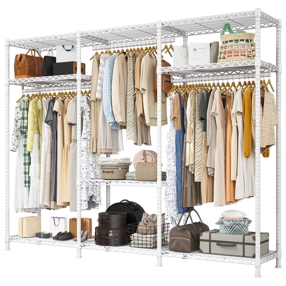 EnHomee Clothing Rack Portable Closet Organizer with 9 Shelves & 3 Rods,Heavy Duty Adjustable Wardrobe Rack 795 LBS Capacity,White