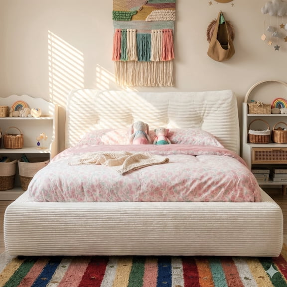 EnHomee Cloud Upholstered Bed Frame Full Size Boucle Platform Bed Frame with Button Design Headboard & Round Corner & Extra Pillow,Beige