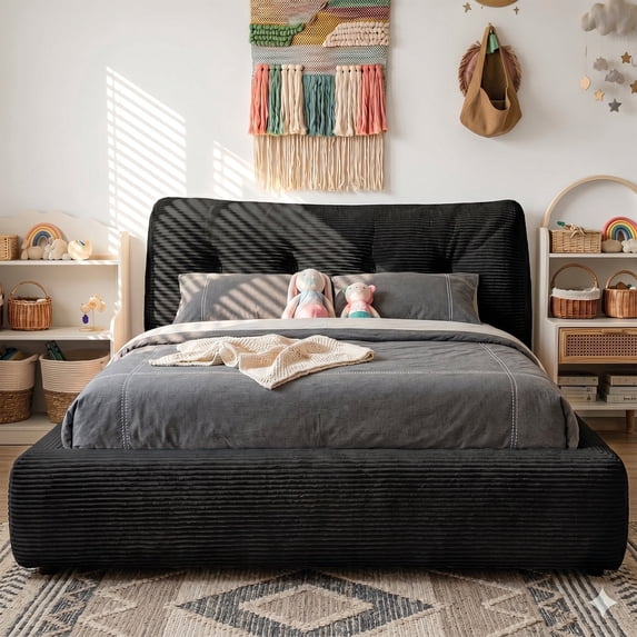 EnHomee Cloud Upholstered Bed Frame Full Size Boucle Platform Bed Frame with Button Design Headboard & Round Corner & Extra Pillow,Black
