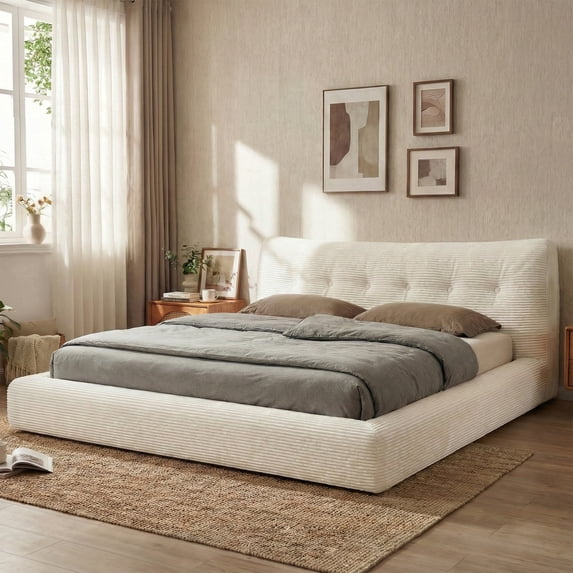 EnHomee Cloud Upholstered Bed Frame King Size Boucle Platform Bed Frame with Button Design Headboard & Round Corner,Beige