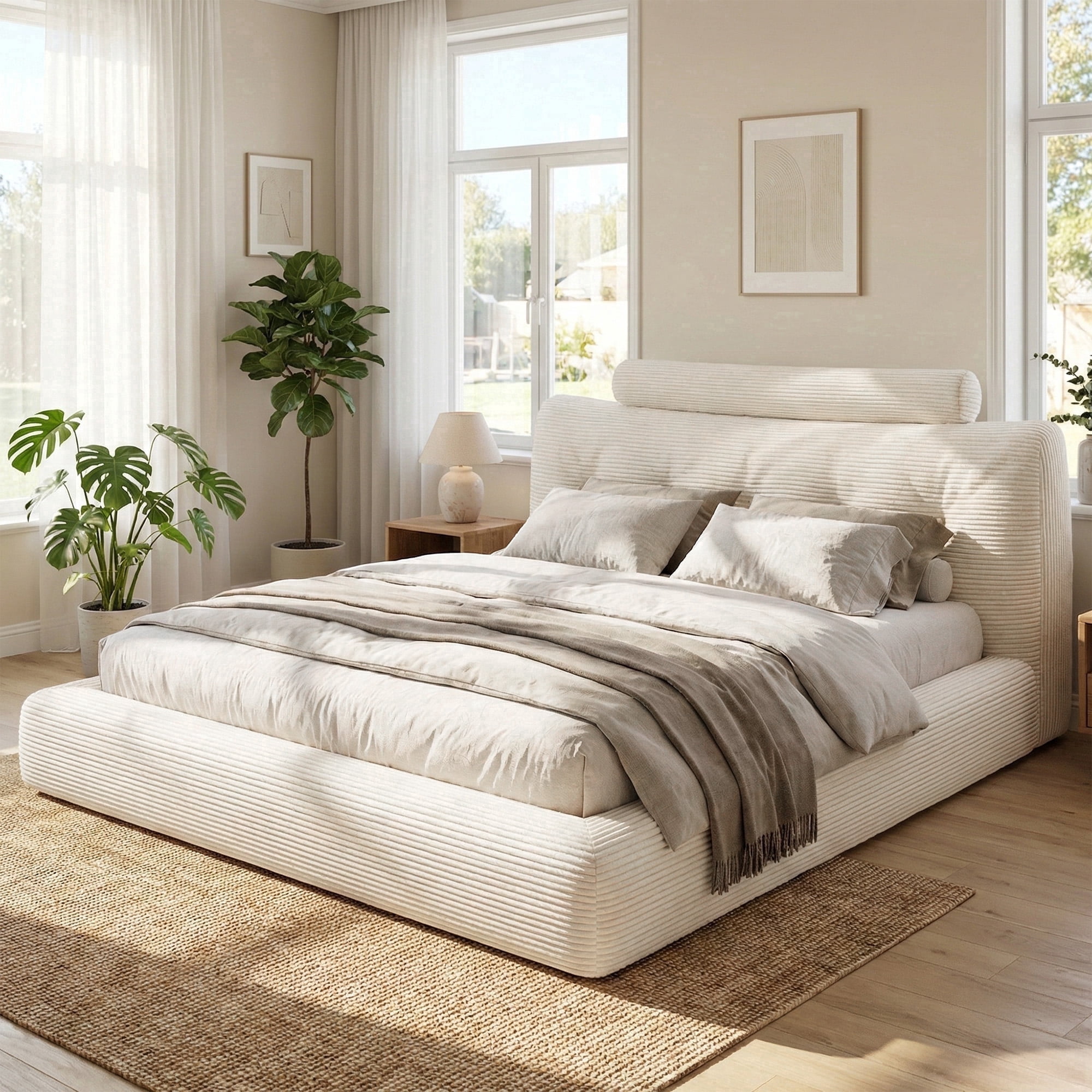 EnHomee Cloud Bed Frame Queen Size Boucle Platform Bed Frame with Button Design  Upholstered  Headboard & Round Corner & Extra Pillow,Beige