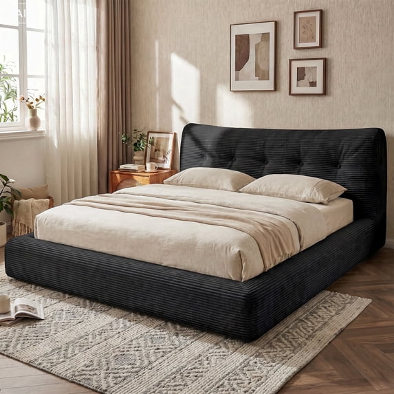 EnHomee Cloud Upholstered Bed Frame Queen Size Boucle Platform Bed Frame with Button Design Headboard & Round Corner & Extra Pillow,Black