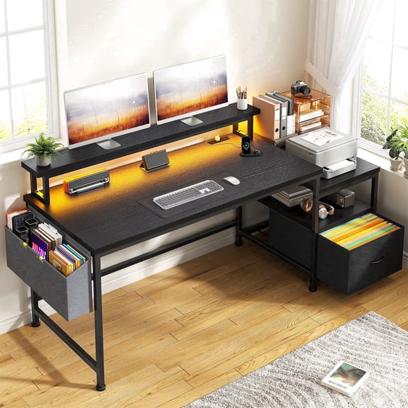 EnHomee Computer Desk with Fabric Drawer Office Desk with Storage & Side Pocket Gaming Desk with LED Lights,Black