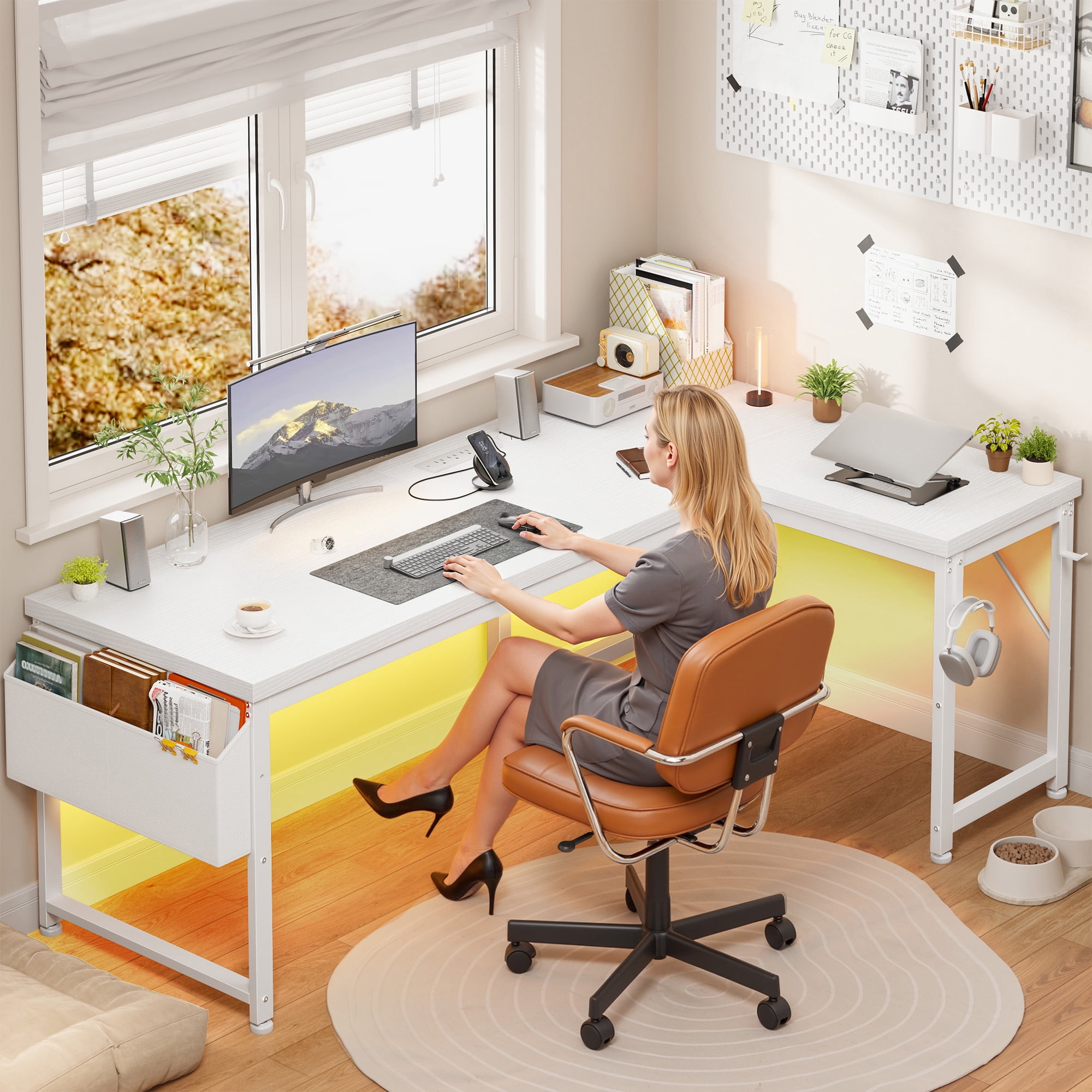EnHomee Computer Desk with Storage Reversible Gaming Desk with Outlets L-Shaped Desk with LED Lights,White