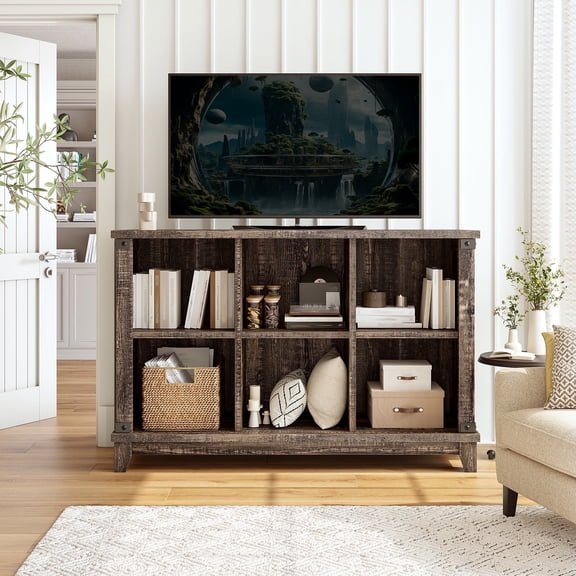 EnHomee Cube Organizer with Shelf 6 Cube Storage Organizer Farmhouse Wood Cube Bookcase for Living Room Dark Rustic Oak