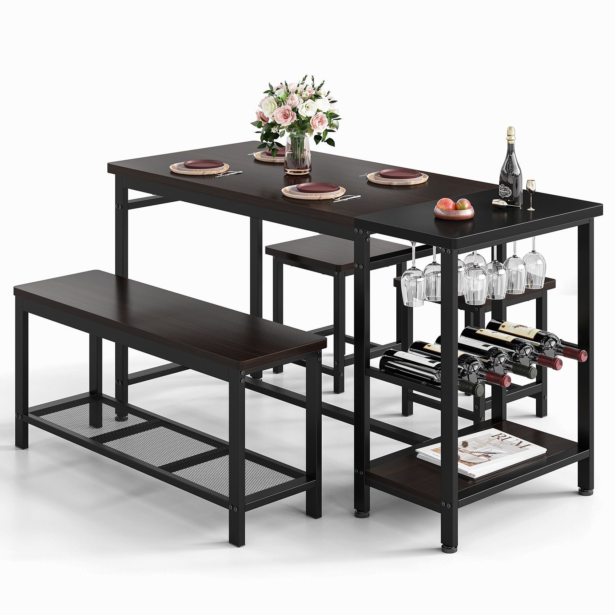 EnHomee Dining Table Set with Wine Rack and Storage Shelf, Dining Room