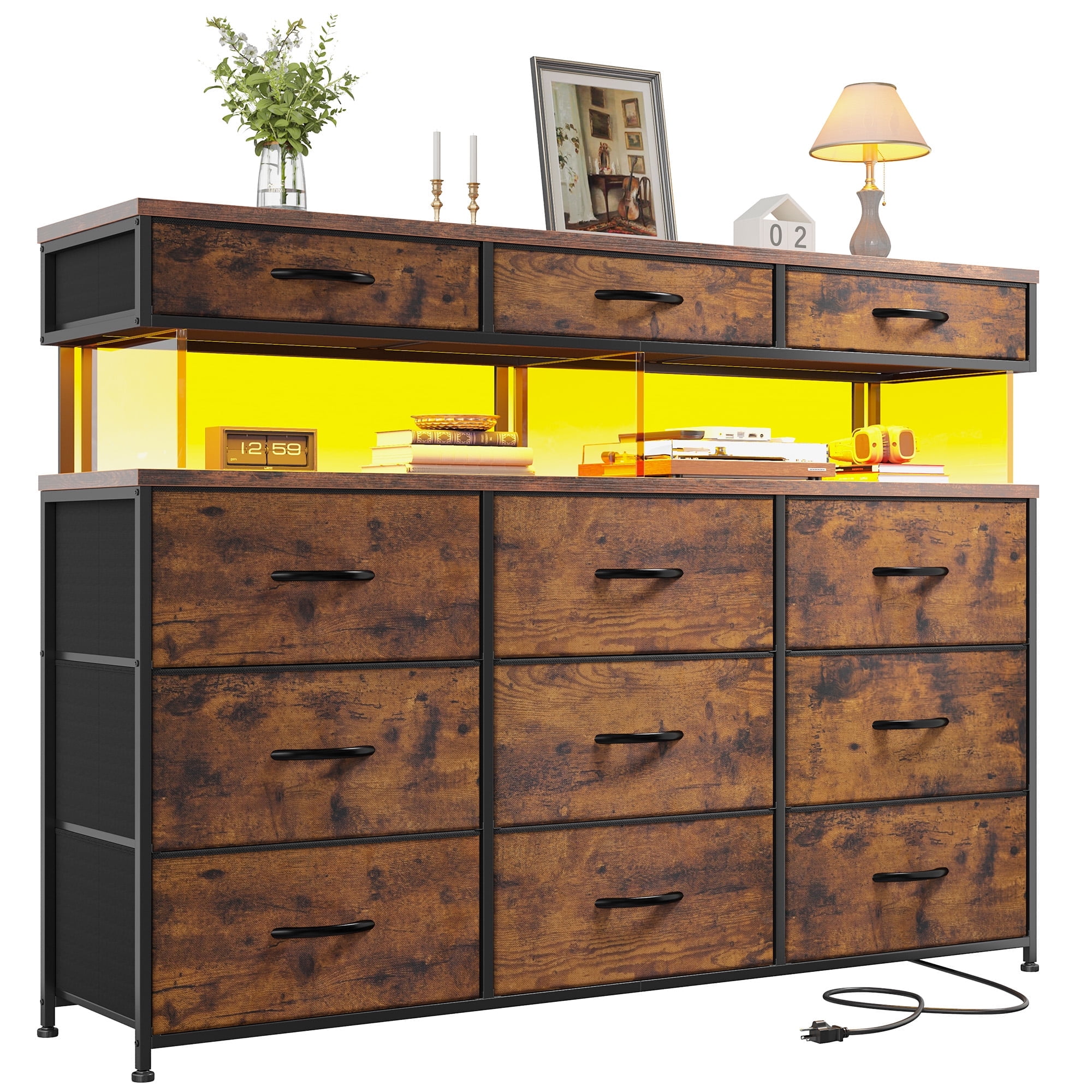 EnHomee Dresser for Bedroom with 12 Fabric Drawers Dresser with LED Lights and Charging Station Chest of Drawer for Entryway,Living Room,Closet,Rustic Brown
