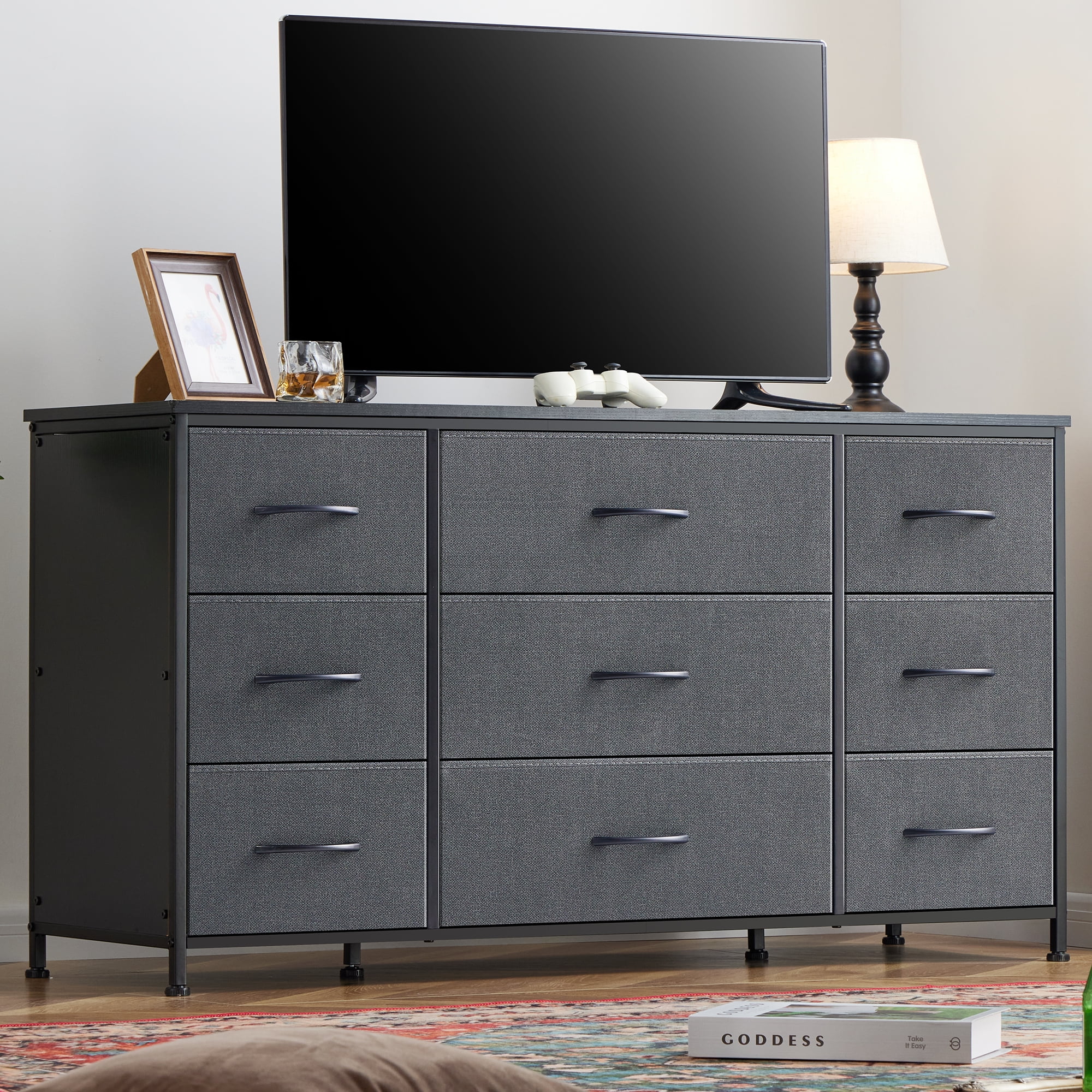 EnHomee Dresser for Bedroom with 9 Drawers Dresser TV Stand , Grey Wide