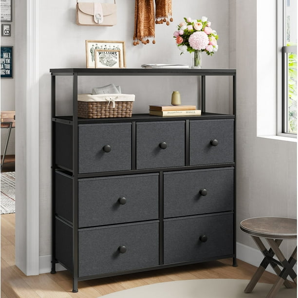 EnHomee Tall Entertainment Center Dresser with Shelves Black 7 Drawer TV Stand Dresser Metal Frame Wood Top Walmart Business Supplies