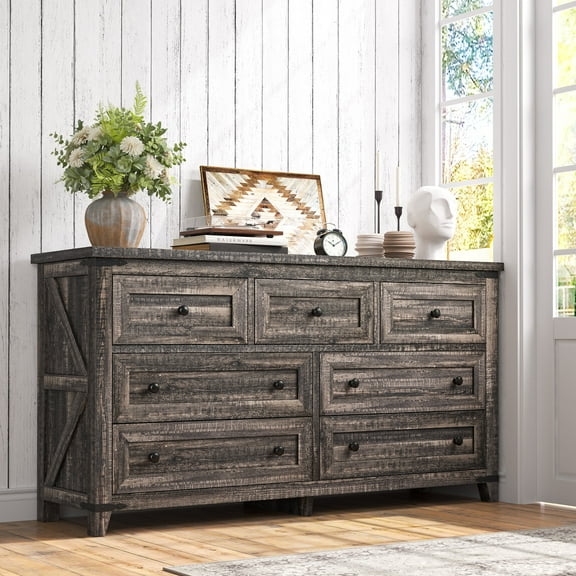 EnHomee Dresser for Bedroom Vintage Wood Dresser with 7 Deep Drawers & Easy Pull Out Handles Chest of Drawers for Bedroom Storage Cabinet Dark Rustic Oak