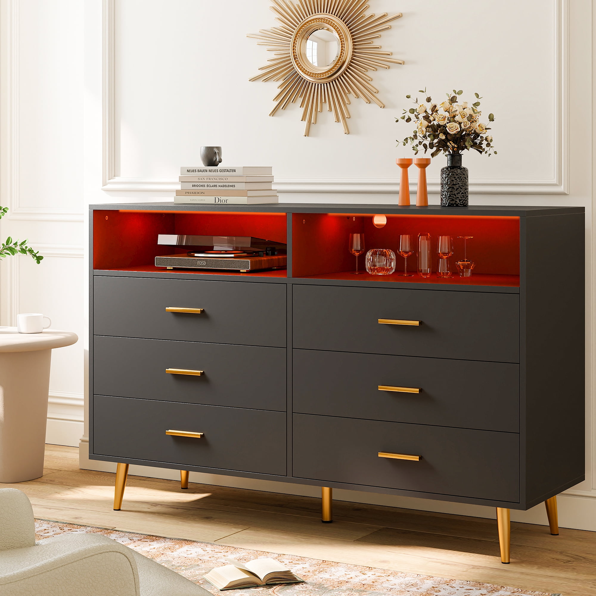 EnHomee Dresser,Black Dresser with Led Lights,Wide Drawer Dresser with