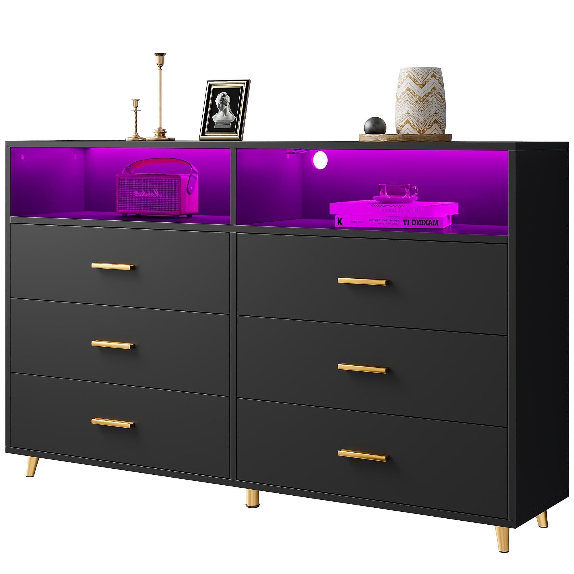 EnHomee Black Bedroom Dresser with LED Lights, 6 Deep Drawers, TV Stand