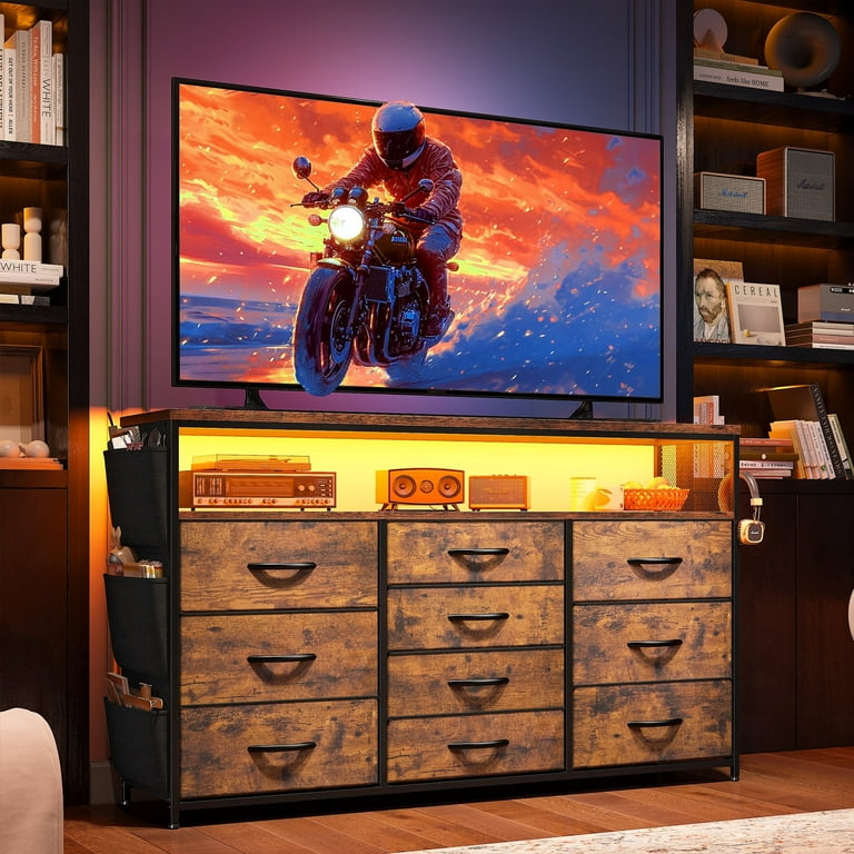 EnHomee Modern Dresser TV Stand, 10 Drawers, LED Lights Outlets