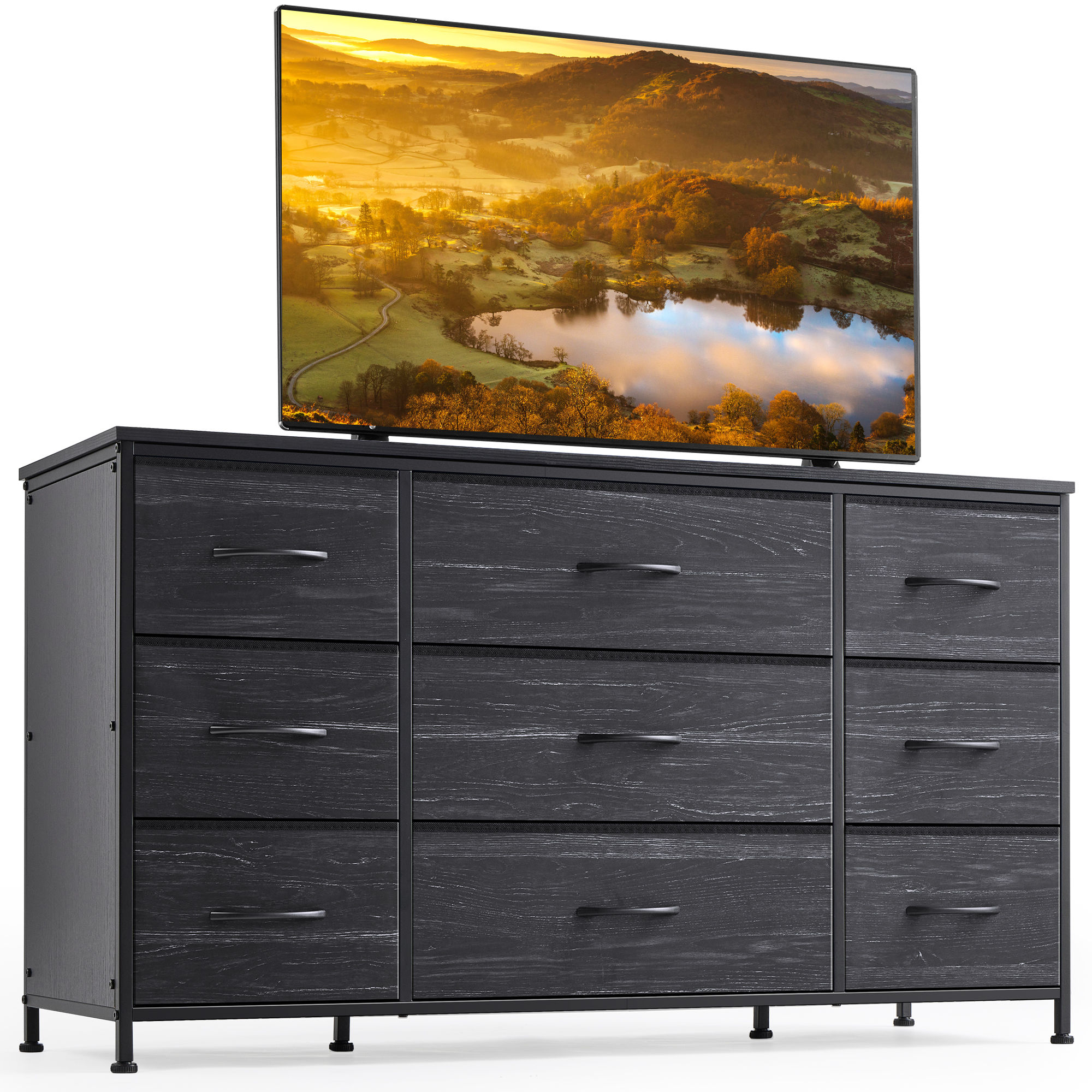 EnHomee Dresser TV Stand with 9 Drawers Dresser for Bedroom, Black Wide
