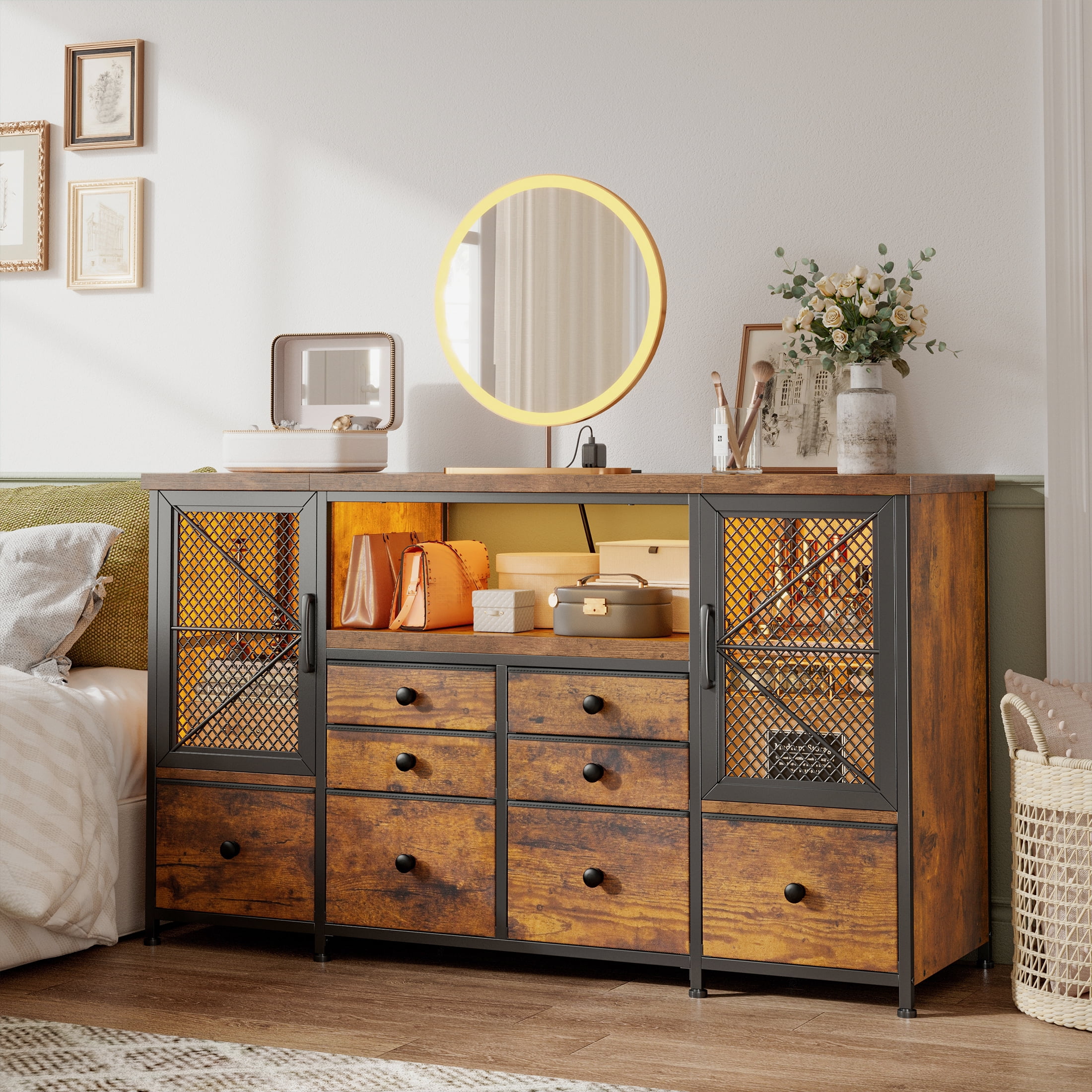 EnHomee Dresser TV Stand for 60" TV Long Dressers for bedroom with 8 Fabric  Drawers,Mesh Door,LED Lights,Rustic Brown - Walmart.com