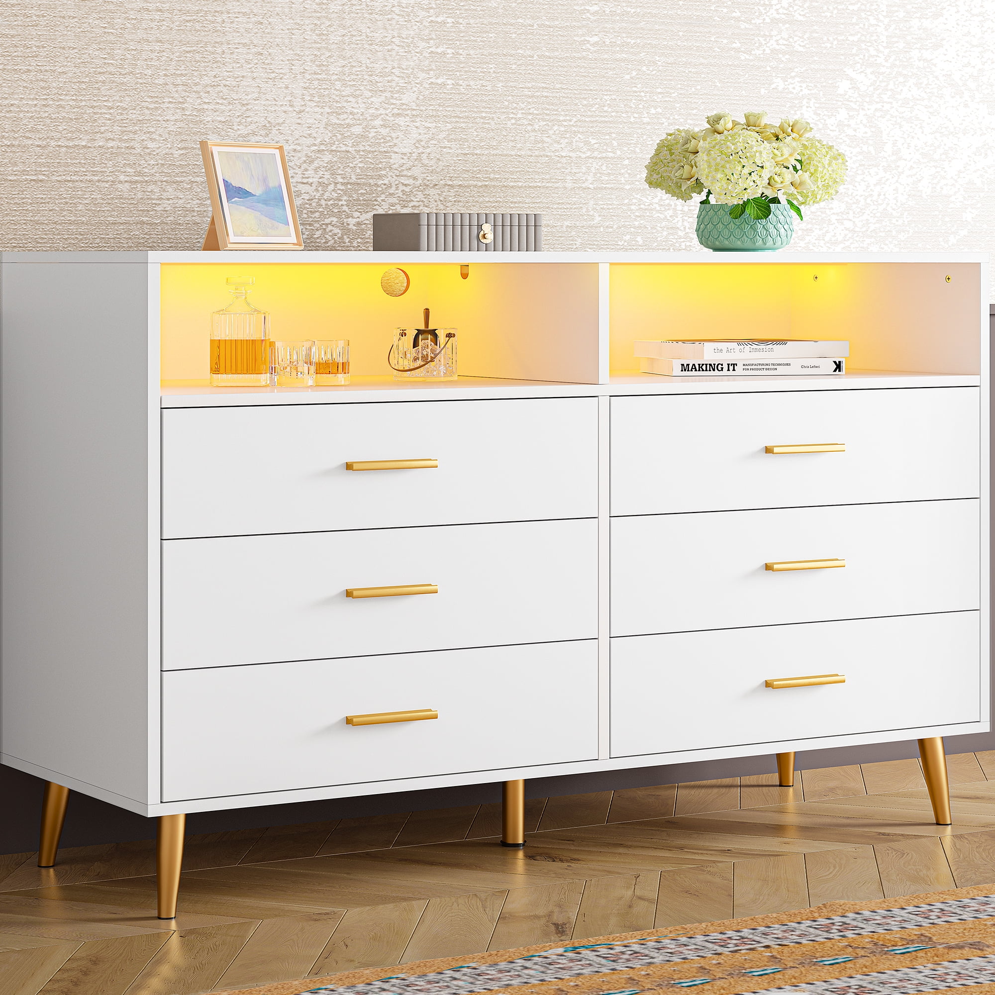 EnHomee Dresser, White Dresser with 6 Deep Drawers, Drawer Dresser with LED Lights, TV Stand