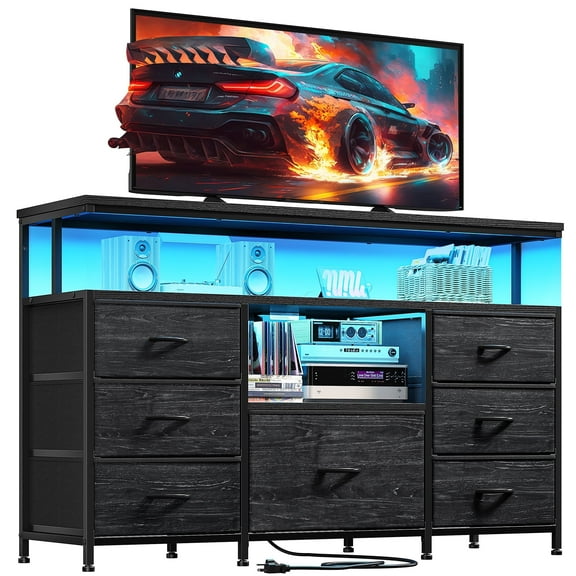 EnHomee Dresser for Bedroom 55" TV Stand with LED Lights & Charging Station 7 Drawers Dresser Chest of Drawers with Entertainment Center,Black