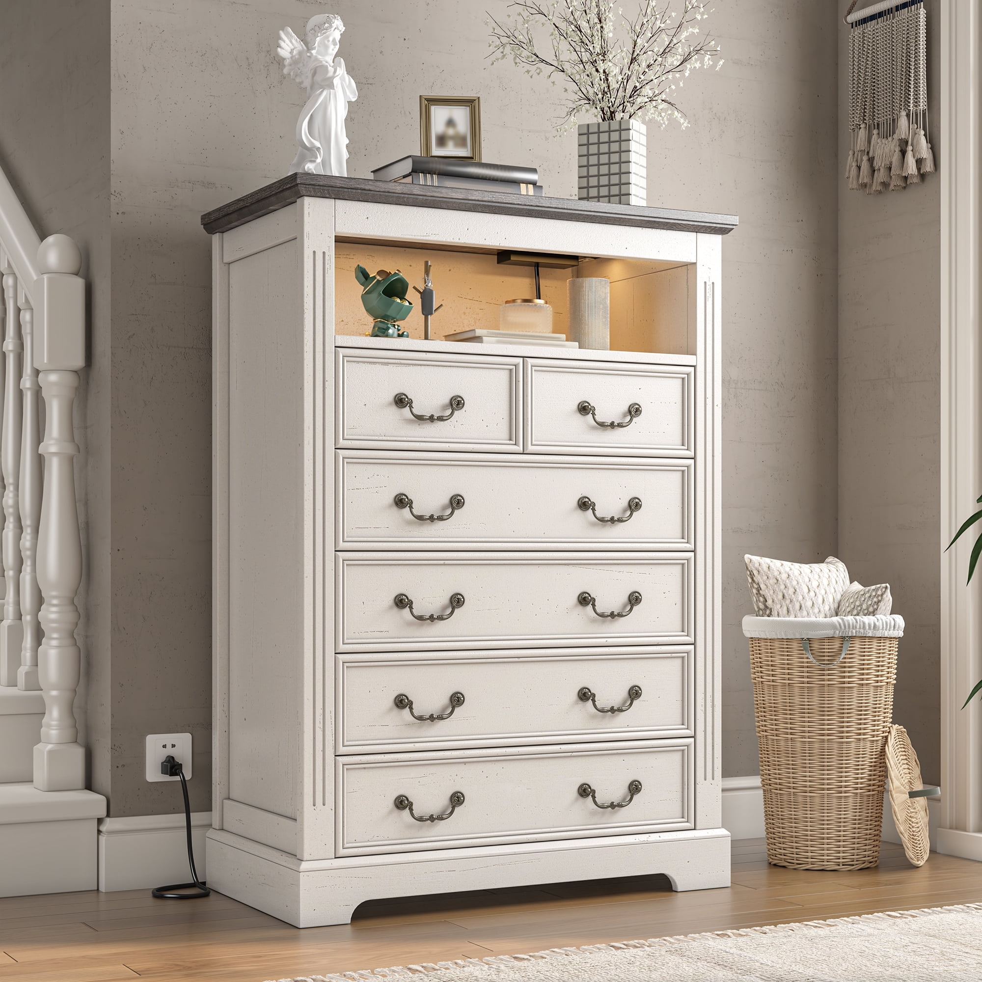 EnHomee Dresser for Bedroom Wood Dresser with LED Lights & Charge Station White Dresser with 6 Drawers