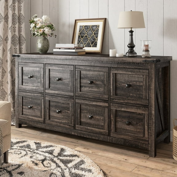 EnHomee Dresser for Bedroom Wooden Dresser TV Stand Farmhouse Dresser with 8 Drawers, Dark Rustic Oak