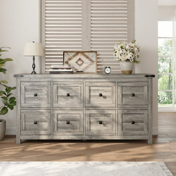 EnHomee Dresser for Bedroom Wooden Dresser with 8 Drawers Farmhouse Dresser TV Stand,Gray