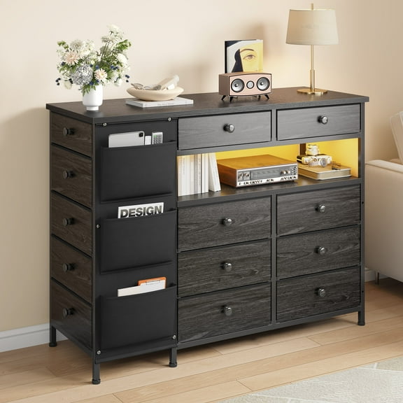 EnHomee Dresser for Bedroom with 13 Drawers and LED Lights Black Dressers & Chests of Drawers Fabric Dresser for Closet,43.3"L x 11.8"W x 40.2"H