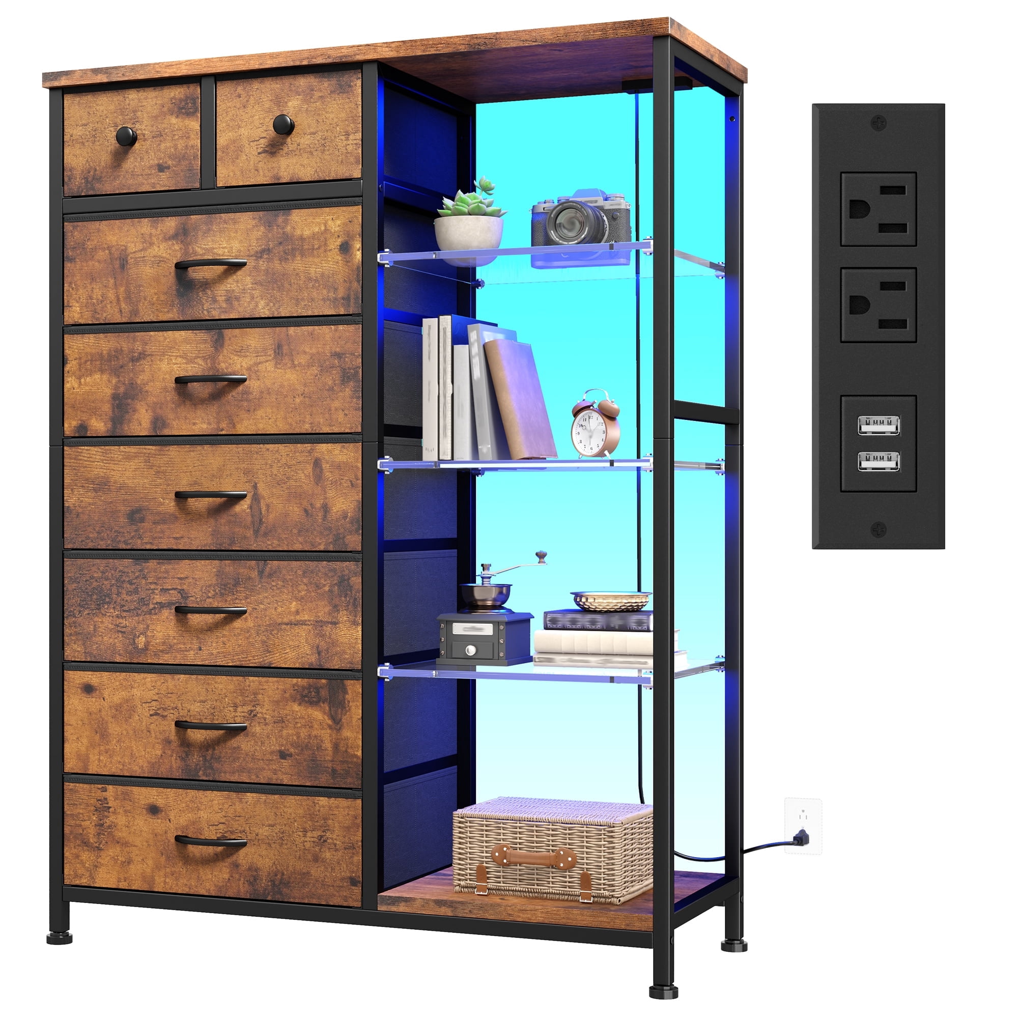 EnHomee Dresser for Bedroom with Acrylic Open Shelves & Charging Station Tall Dresser with 8 Fabric Drawers & LED Lights, Rustic Brown