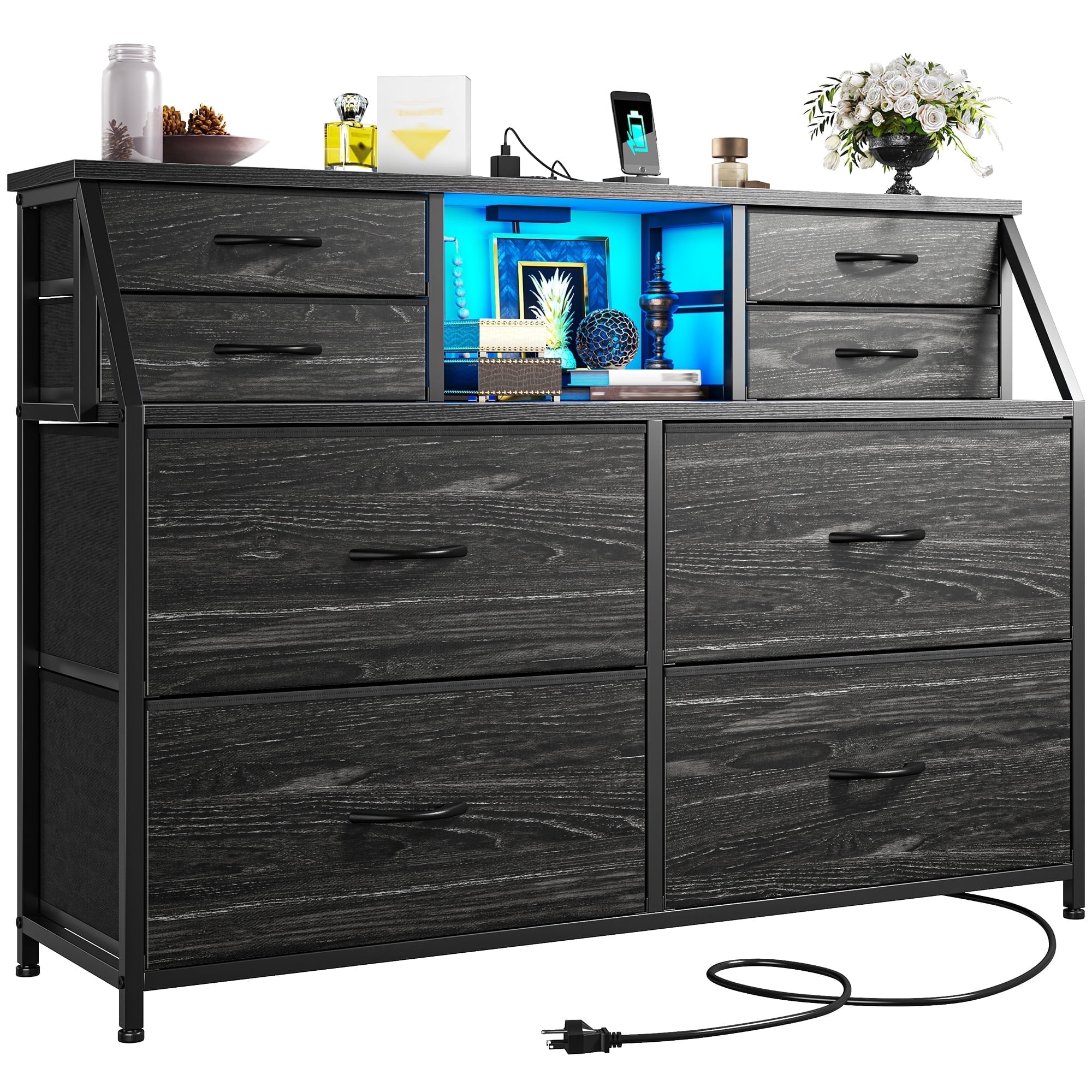 EnHomee Dresser for Bedroom with Power Strip & LED Lights Fabric Dresser with Open Shelves Chest of Drawers for Living Room, Black
