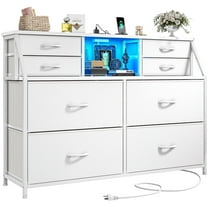 EnHomee Dresser for Bedroom with Power Strip & LED Lights Fabric Dresser with Open Shelves Chest of Drawers for Living Room, White