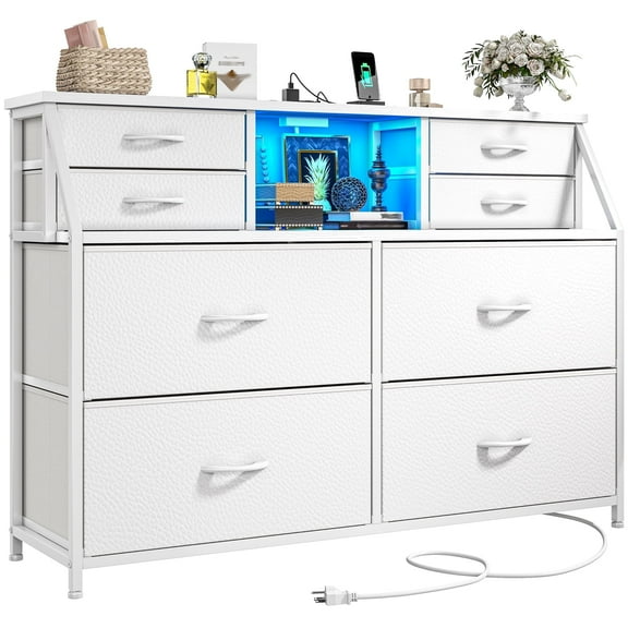 EnHomee Dresser for Bedroom with Power Strip & LED Lights Fabric Dresser with Open Shelves Chest of Drawers for Living Room, White