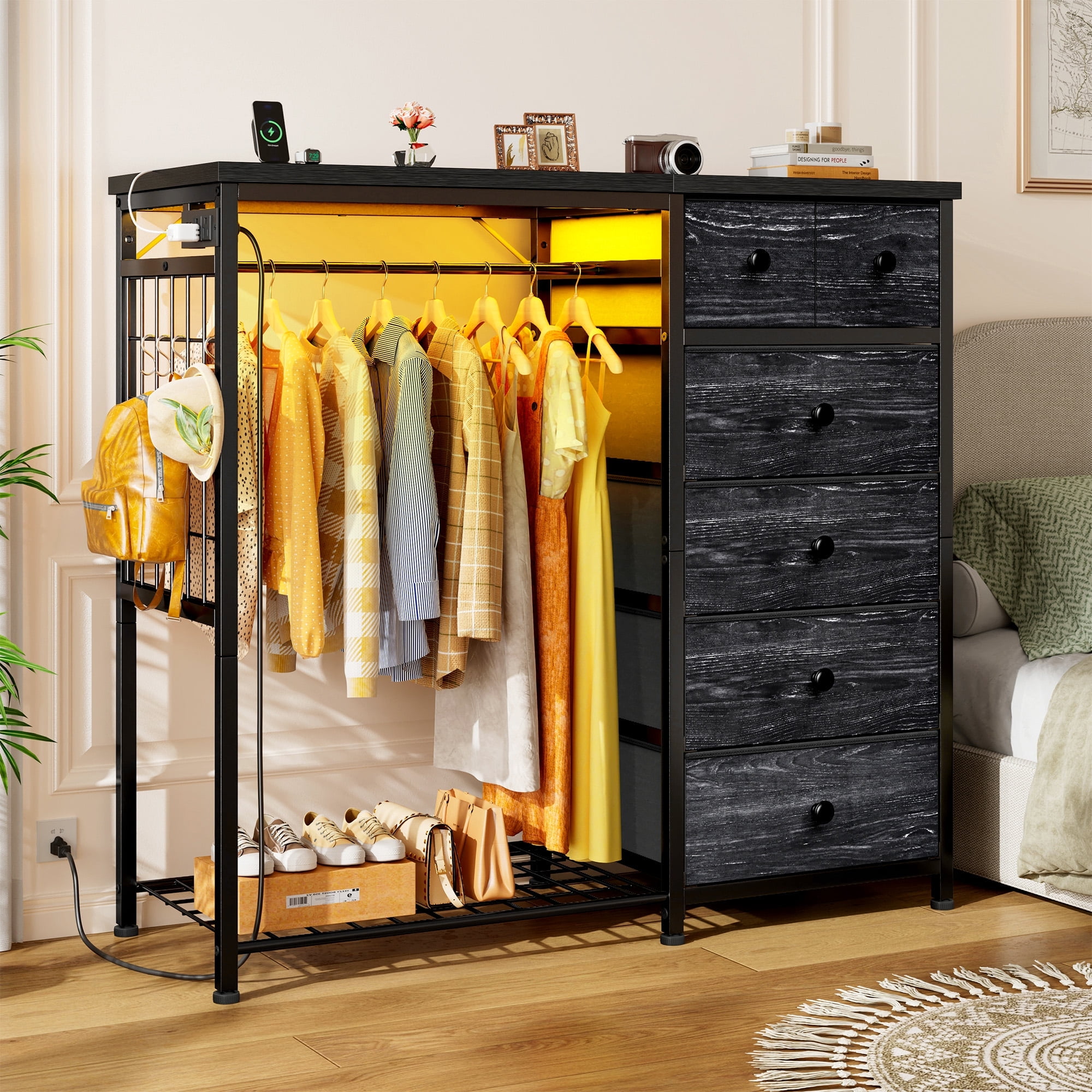 EnHomee Dresser with Clothes Rack 6 Drawer Dresser with Clothing Rack for Hanging Clothes Black Dresser with Fabric Drawers Charging Station Walmart Business Supplies
