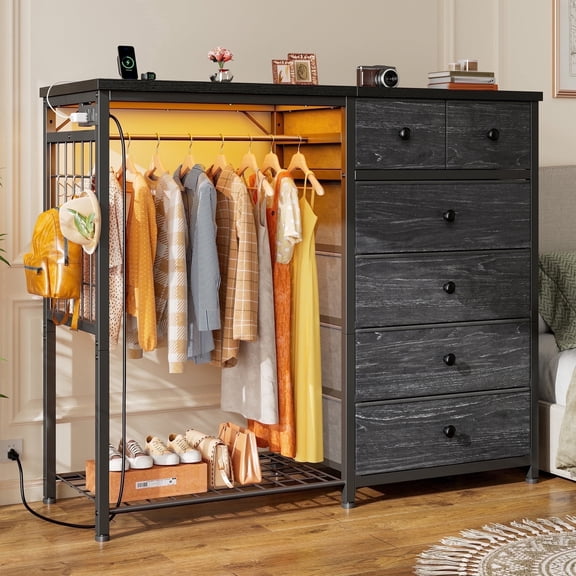 Snhomee Dresser with Clothes Rack 6 Drawer Dresser with Clothing Rack for Hanging Clothes Black Dresser with Fabric Drawers & Charging Station