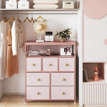 EnHomee Dressers for Bedroom with 7 Drawers Pink Dresser Fabric Chest of Drawers with Wood Shelves Portable Storage Tower Small Dresser for Living Room