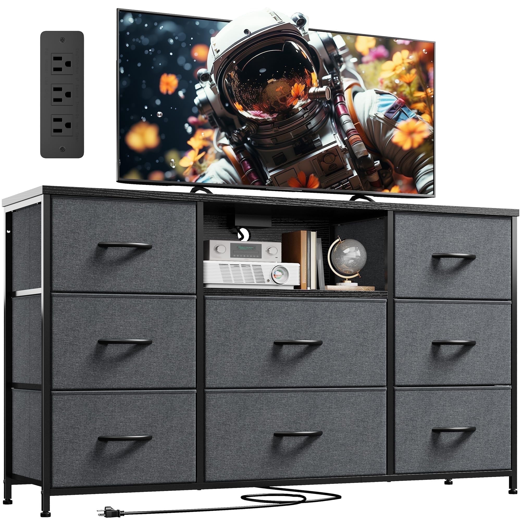 EnHomee Dressers for Bedroom TV Stand with 8 Drawers and Outlet Wide Dresser & Chests of Drawers Fabric Dressers for Living Room,Gray